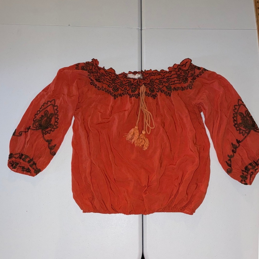 A'reve Women Burnt Orange Embroidered Off Shoulder Peasant Blouse Large